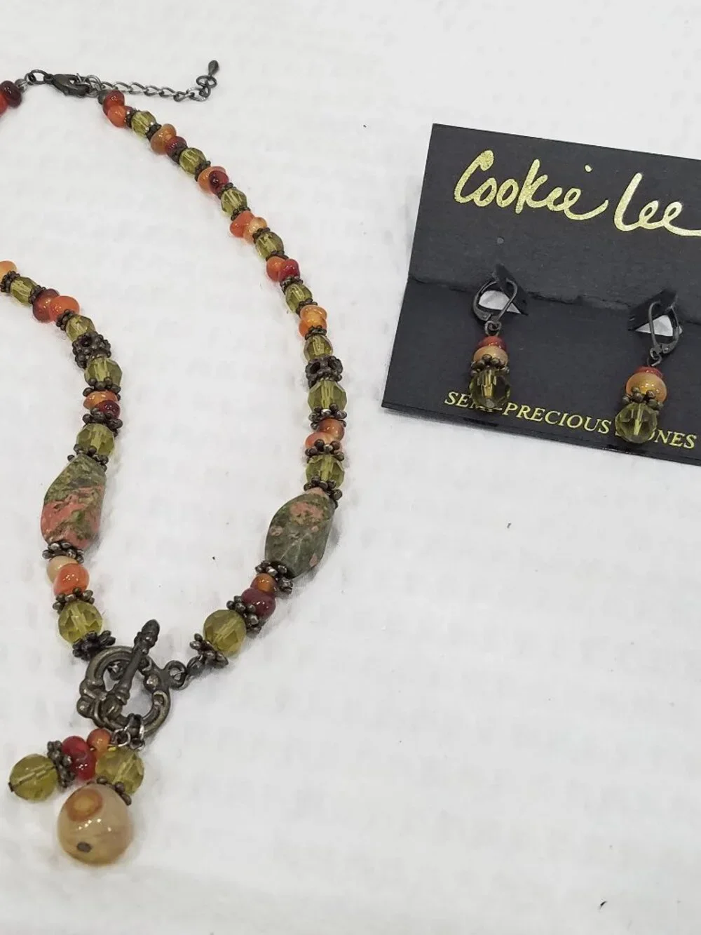 Vintage Cookie Lee Semi Precious Unakite Jasper Choker Necklace Earring Set NWT